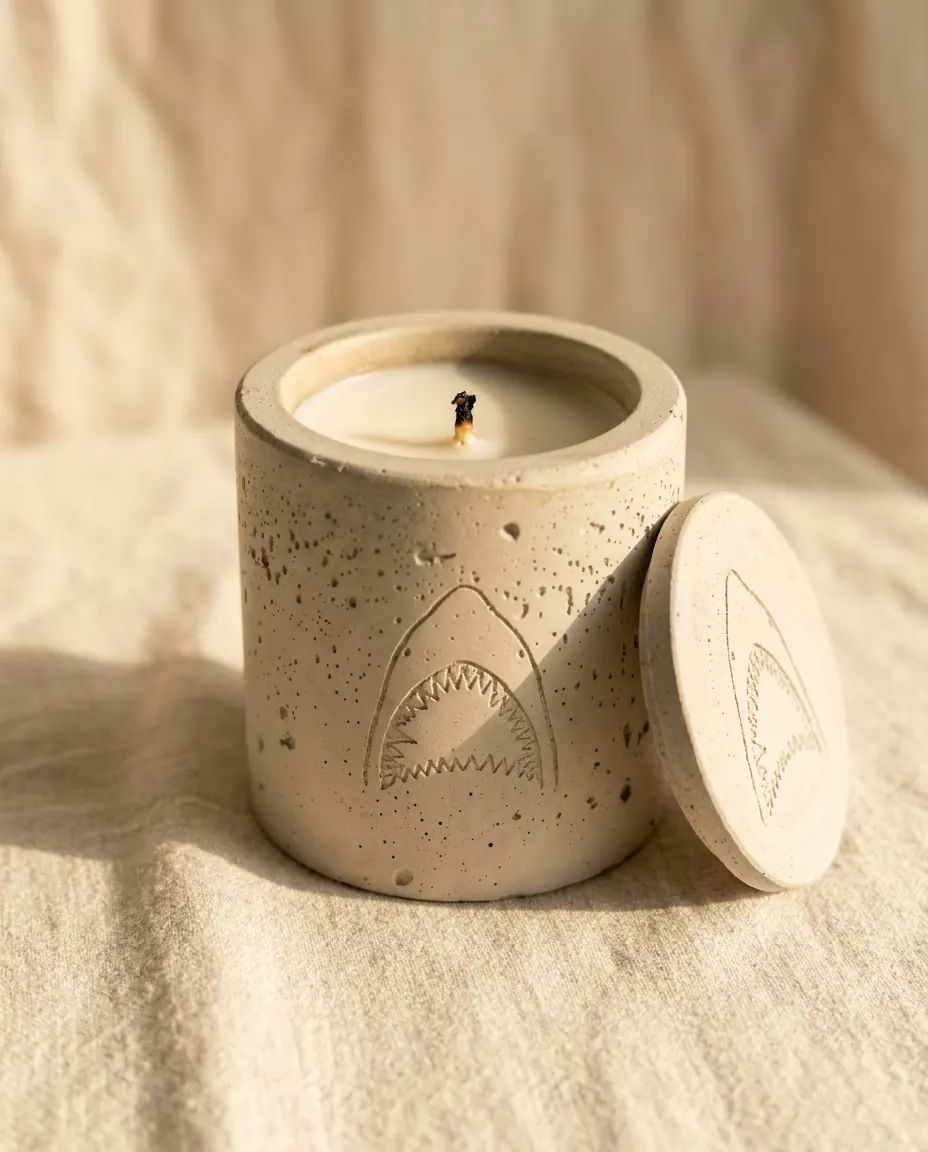 custom shark engraving on the medium concrete candle, after burn patina