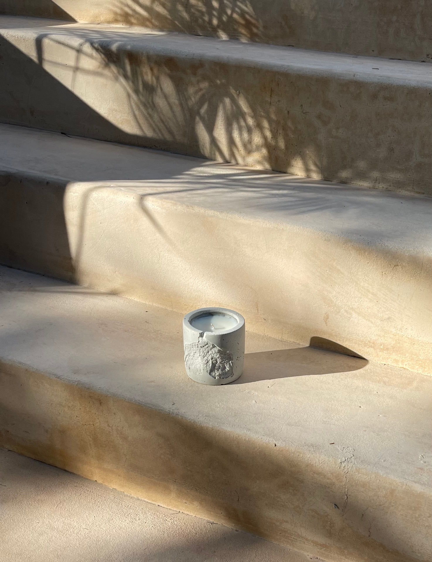 concrete vessels on architectural steps with palm shadows
