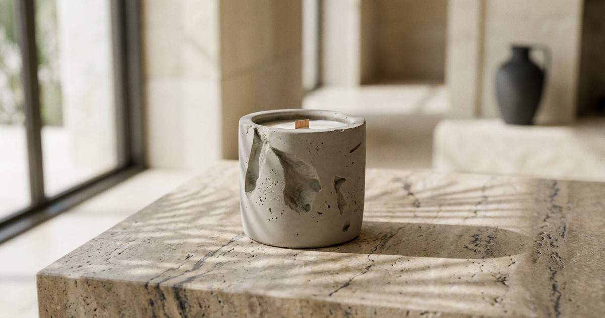 hand-cast concrete vessel candle on travertine with palm-frond shadow — los angeles