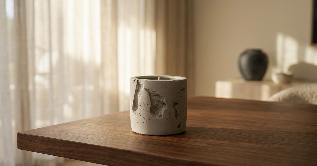 hand-cast concrete vessel candle on dark walnut with sheer linen light — orlando